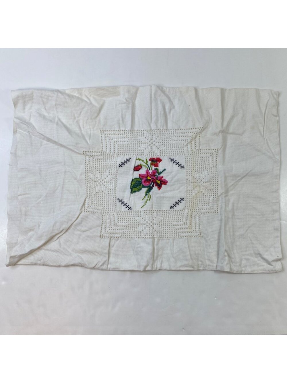 Handmade Floral Embroidered & Crocheted White Pillow Cover 25" X 17"